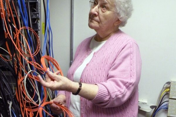 Working in the IT department was an everyday challenge for Sister Janet. Her fingerprints are all over the IT office and storage area, evidence of her wit and organization skills.