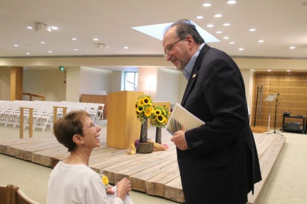 Sister Mary Kay and Dominican Associate Peter Albertini catch up at Dominican Chapel/Marywood.