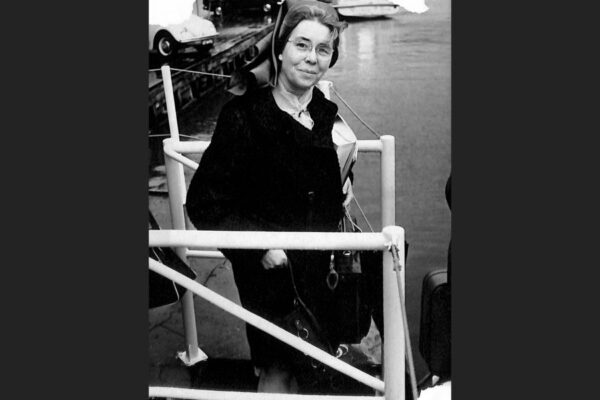 Sister Marybride boarding a canal boat in Amsterdam in 1970
